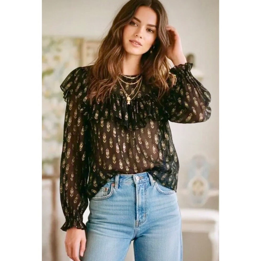 LoveShackFancy Silk Gold Lurex Ruffle Blouse Black XS Ikat Metallic Top